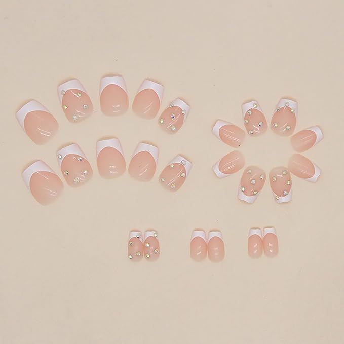 Press on Nails Extra Short Square MABKJLF French Tip Fake Nails Full Cover Glue on Nails Rhinestones False Nails White Acrylic Press on Nails Stick on Nails Artificial Nails for Women Girls 24 Pcs