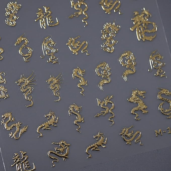 3Sheets Dragon Nail Stickers Gold Silver Laser Chinese Totem Character Acrylic Nail Decals for Halloween New Year Tattoo Design Supplies (B style)