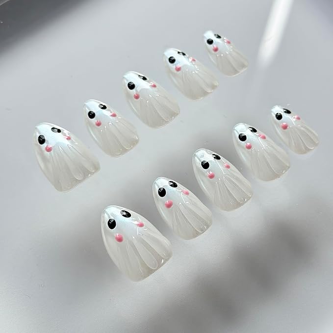 Halloween Press on Nails Short Almond Handmade Nails 3D Unique Reusable ABS Material Luxury Fake Nails Chrome Cute Little Shy Ghost False Nails with Designs Glossy Thick Acrylic Nails(S)