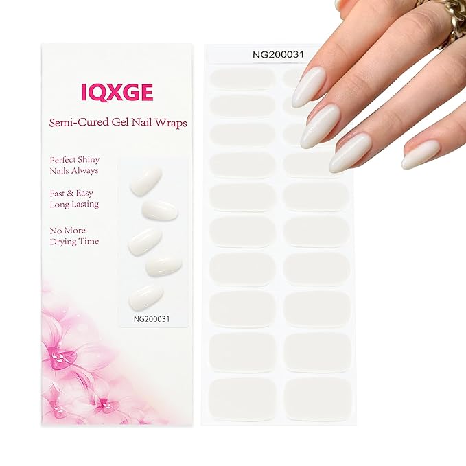 Cream Semi Cured Gel Nail Strips 20Pcs Pink Gel Nail Stickers Polish Nails Wraps UV/LED Light Needed Full Gloss Nails Polish Strips for Women Includes Prep Pads, File, Wooden Cuticle Stick