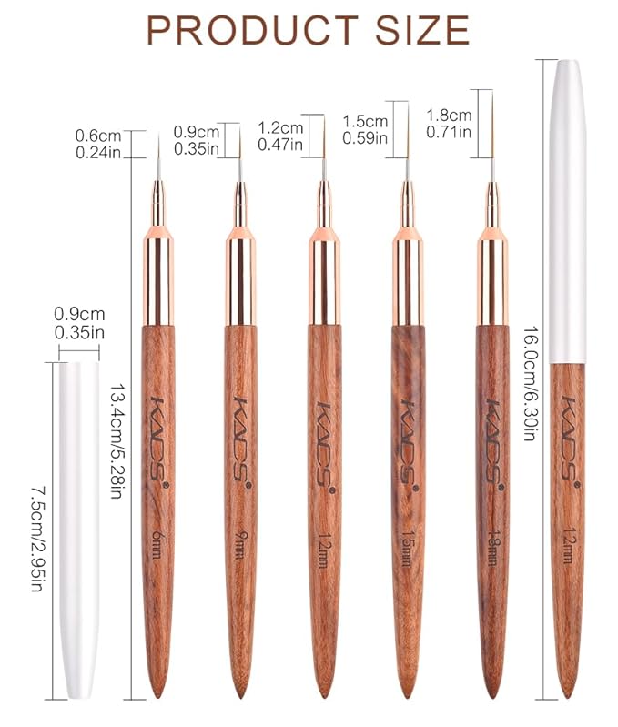 KADS Fine Liner Brush, Nail Art Striping Brushes 6/9/12/15/18mm Thin Line Nail Brush Detail Drawing Brush Gel Nail Polish Brush (Set of 5Pcs)