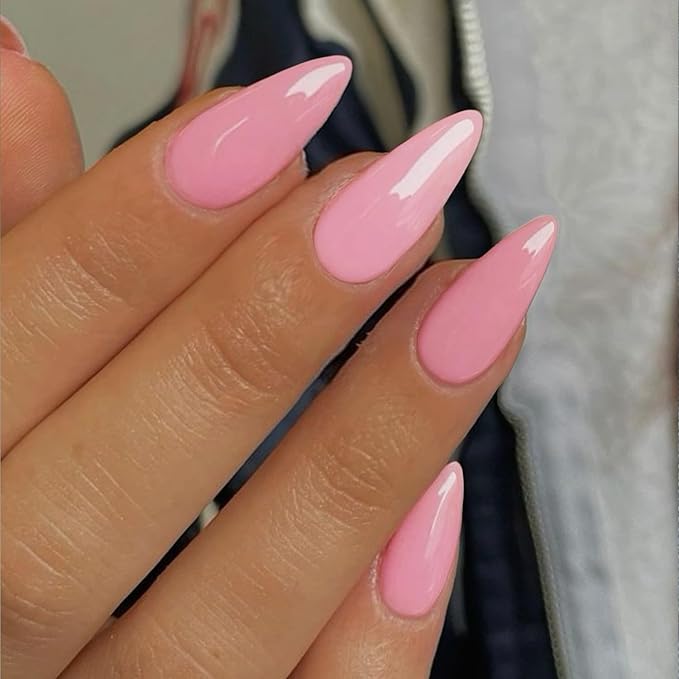 Baby Pink Press on Nails Almond Shaped 48Pcs Neutral Thick Fake Nails for Women, Medium Almond Nails Press on Reusable Acrylic Nails Glue on Medium Length Stiletto False Nails Gel Artificial Nails