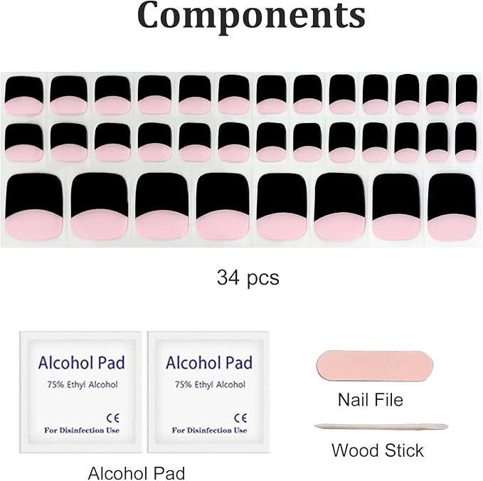 34 Pcs Semi Cured Gel Toe Nail Strips Black French Tip Gel Nail Stickers Full Cover Nails Wraps Self Adhesive Toe Nails Polish Strips Stickers for Women UV/LED Light Required