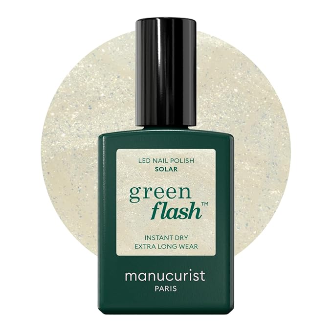 Manucurist Green Flash LED White with Golden Highlights Solar Gel Nail Polish - Vegan, 12-Free, Plant-Based Gel Polish - Strengthens and Protects the Nail - Gel Nail Polishes - Made in France