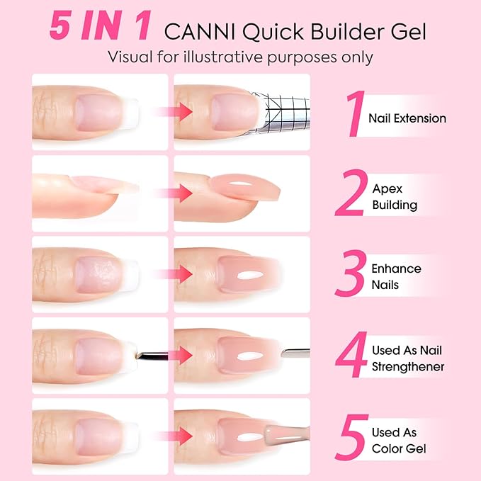CANNI Quick Builder Nail Gel For Nails Set – 6 Colors 9ML Nude Soft Peach Pink, Soak Off UV LED Nail Extensions & Strengthening, Self-Leveling Builder Gel for DIY Manicure & Salon Use Women