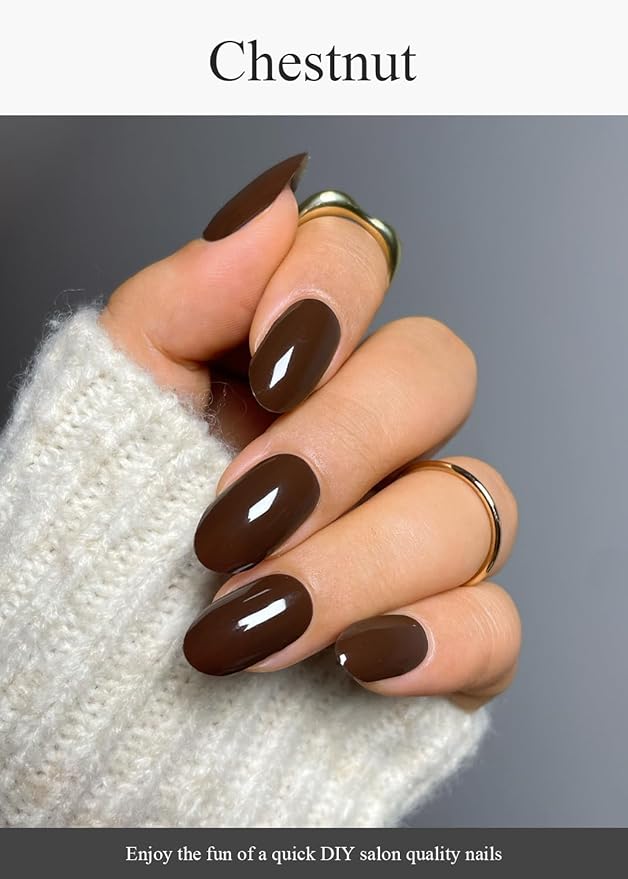 Semi Cured Gel Nail Strips (Chestnut), Dark Brown, 20 Pcs Gel Nail Wraps, Stickers, UV Light Required, Salon Quality, Long Lasting