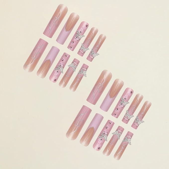 24Pcs Long Square Press on Nails Pink French Tip Fake Nails Silver Rhinestones with Flower Full Cover Tips Glue on Nails Artificial Acrylic False Nails Butterfly Charms Design for Women Manicure DIY