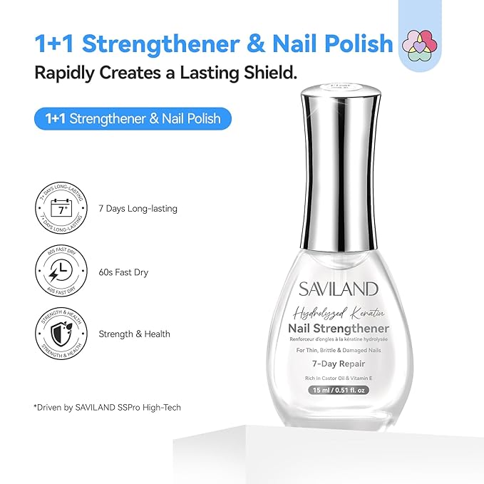 SAVILAND Clear Nail Strengthener 15ml: Fast Air Dry Natural Nail Growth for Damaged Nails Transparent Nail Polish Strengthening Repair Weak & Thin Nails Treatment with Castor Oil Vitamin E Women Gift