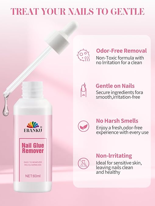 EBANKU 60ML Nail Glue Remover, Press On Nail Remover Quick Easy Removal, False Nails Adhesive Debonder with Cuticle Pusher, Non-Acetone Gentle Off for False Tips