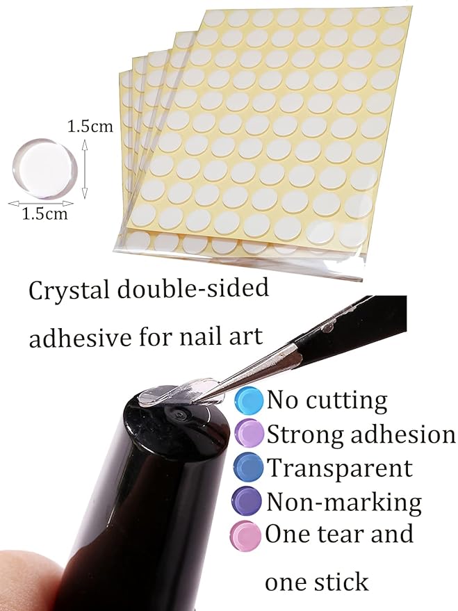 100 Pcs Round Glass False Nail Art Display Tips Transparent False Nail Tips for Nail Color Display with 100 Pcs Round Nail Crystal Double-Sided Adhesive