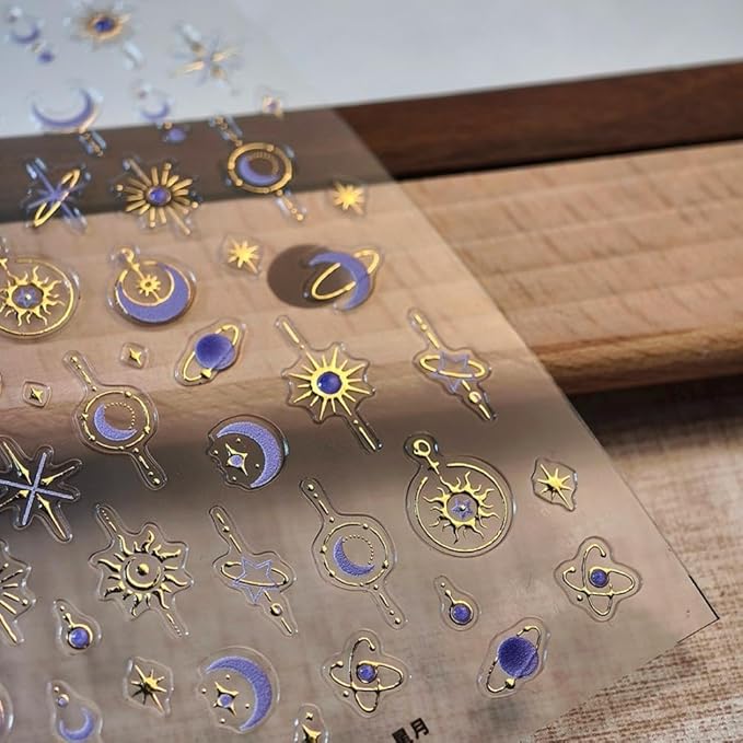 Star Moon Nail Stickers 5D Embossed Purple Moon Nail Decals 3D Self-Adhesive Gold Star Nail Supplies Sun Nails Designs Sky Universe Nails Decoration for Women Manicure 1 Sheet