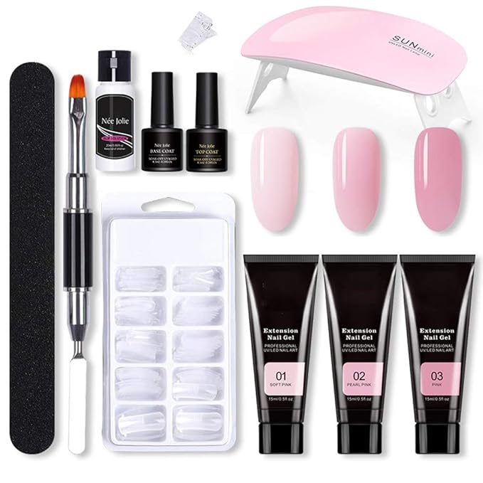Nail Extension Gel Kit, Gel Nail Kit with UV Light, Nail Enhancement Extension Kit Manicure Set with 3 Colors Extension Nail Gel, Base Top Coat, 100 Extension Nail Tip for Nail Art Starter Kit(F)