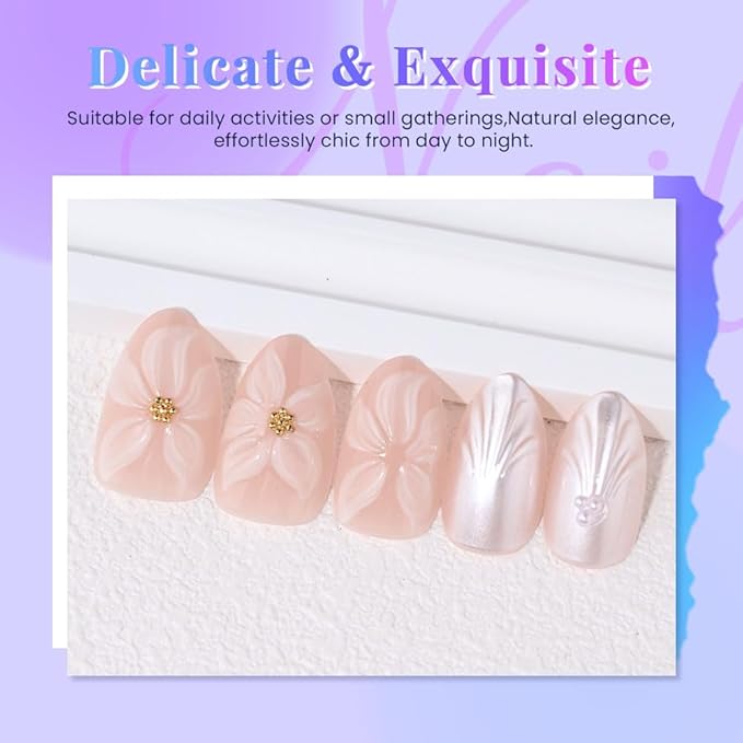 3D Pink Flowers Press on Nails Short Almond, Acrylic Fake Nails with 3D Gold Line White Pearls Floral Design, Reusable Glue-On Stick for Flower Fashion Nails for Women