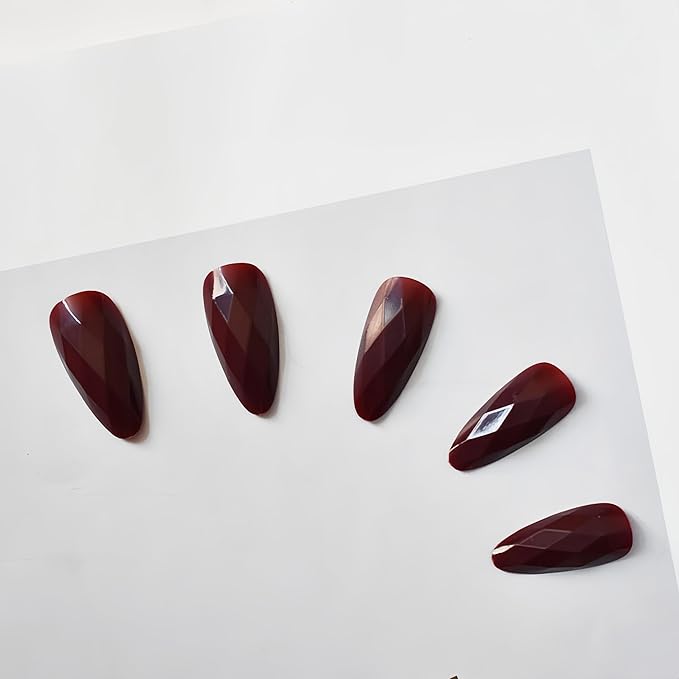 Press on Nails Medium Almond Fake Nails Dark Red Artificial Nail with Diamond Designs Stick on Nail for Women 24pcs