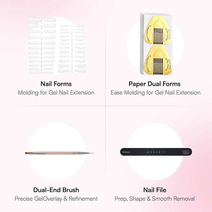 Makartt Pink Gel Builder Kit, Long-Lasting Extension Hard Gel for Strengthener, Broken Nails Repair Gels Set with Paper Forms, Dual forms, Nail File, Dual-End Brush Home Salon DIY 1.06 oz