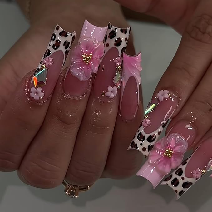 Press on Nails Coffin Long Length Acrylic Glossy Full Cover Square Shaped French False Nails with Designs Artificial Extra Long Fake Nails with Charms Glue ons Fingernails for Women(AS22)