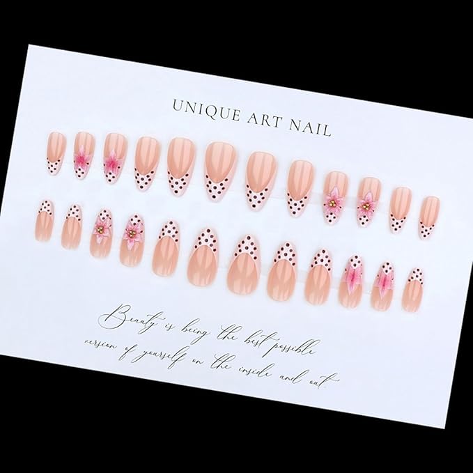 Spring Polka Dot Press on Nails Medium Almond Fake Nails French Tip Nails Press ons with Flower Design,Reusable & Easy Apply Full Cover Stick on Nails for Women Summer Vacation Manicure 24Pcs
