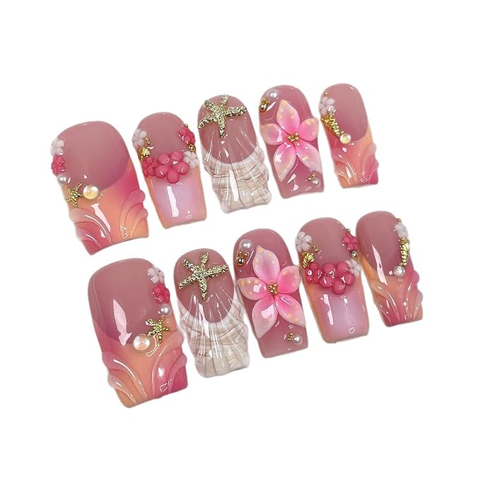 Handmade Press on Nails Medium Coffin Fake Nails Gradient French False Nails 3D Flower Artificial Acrylic Thick Stick on Nails Handmade for Women Manicure Art Decorations (Size S)
