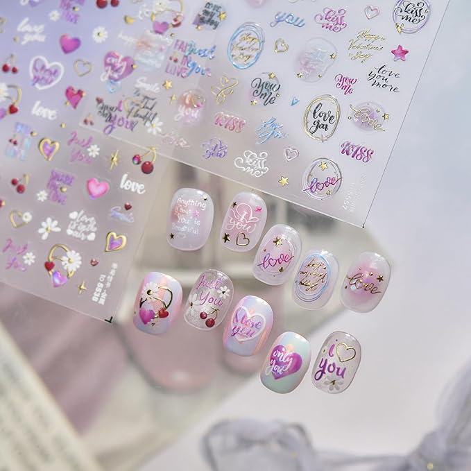 5D Embossed Valentines Nail Art Stickers Self-Adhesive Letter Nail Stickers Retro English Alphabet Heart Star Circle Designs Cute Nails Valentines Day Nail Decals for Women Manicure Supplies DIY
