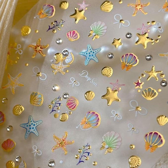 Gold Star Nail Stickers Golden Starfish Nail Supplies 5D Embossed Pearl Shell Nails Designs 3D Self-Adhesive Rhinestone Bow Nail Decals Ocean Nail Art Decoration for Women Girls DIY Manicure 1 Sheet