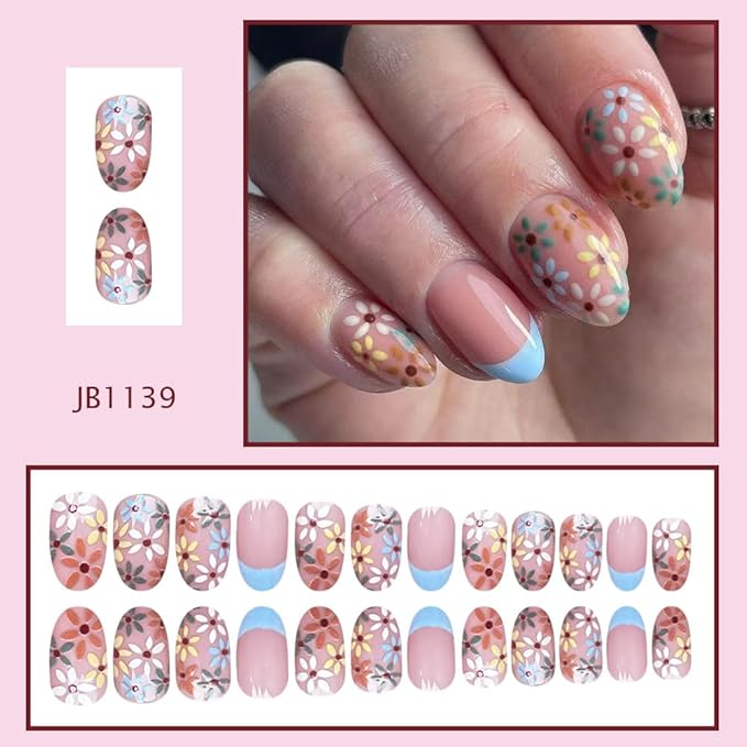 Blue French Tip Press on Nails Medium - Almond Fake Nails Spring Floral Nails Press ons - Cute Colorful Flower False Nails Summer Full Cover Glue on Nails Reusable Nails for Women 24Pcs