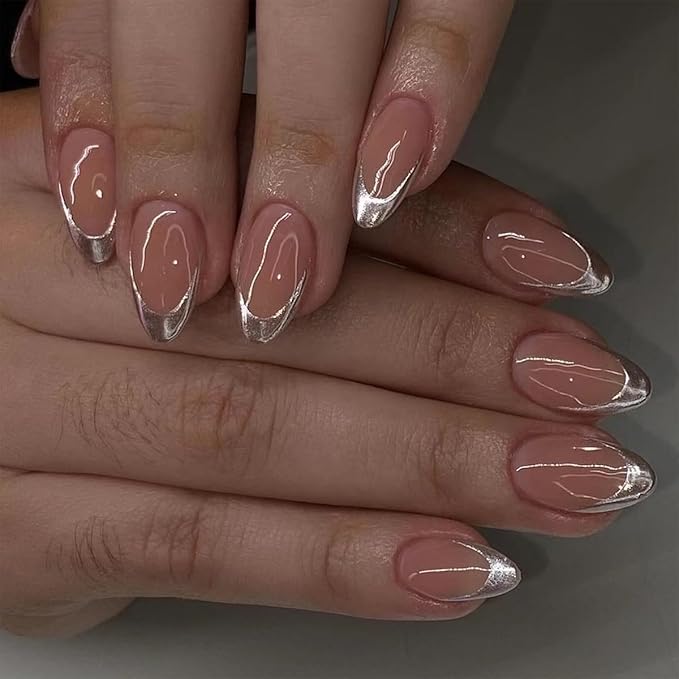Almond Press on Nails Short Fake Nails Silver French Tip with Glossy Design Full Cover Stick on Acrylic False Nails for Women Manicure 24Pcs
