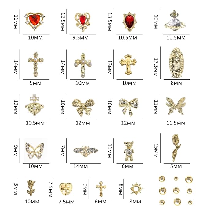 80+ Pcs Golden Nail Charms with Nail Art Rhinestones Gold Cross Virgin Mary and Rose Heart Nail Gems for Acrylic Nails Accessories for Women Manicure Craft DIY Decorations Supplies