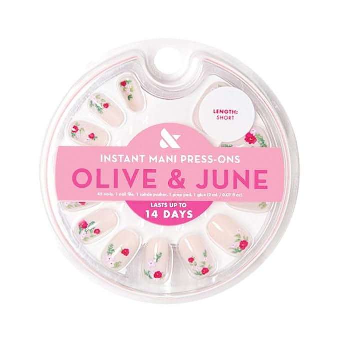 Olive & June Instant Mani Press-On Nails (Glue) | 42 Fake Nails, 21 Sizes | Non-Toxic, Long-Lasting Recycled Materials Realistic Look | Salon-Quality at Home | Short, Squoval | Rose Bouquets