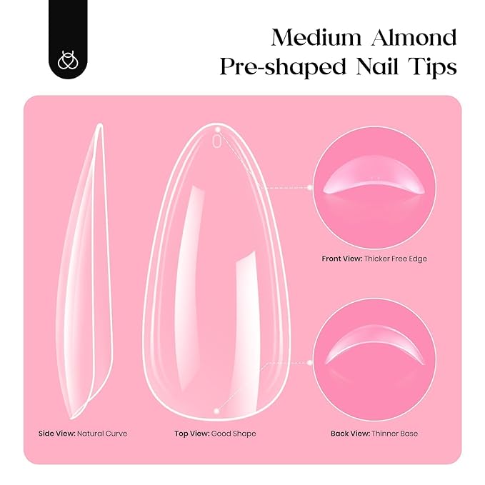 Beetles Nail Kit, 600Pcs Medium Almond Nail Tips with Milky White Gel Polish Top Coat, 15 Sizes Beetles Gel Soft Clear Press on Nails 5 In 1 Nail Glue Valentine Nail Extension Set for Women