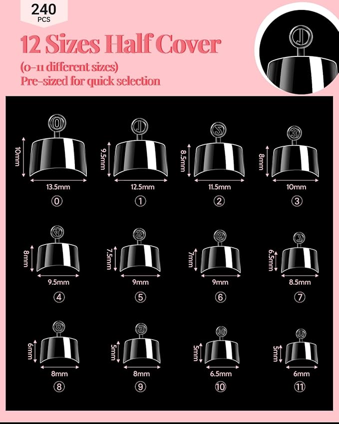 MORGLES Short Square Nail Tips, 240 Pcs Half Cover Fake Nail Tips Square Pre-shaped, 12 Sizes Press on False Nails for Acrylic Nail Extension, Home DIY and Salon