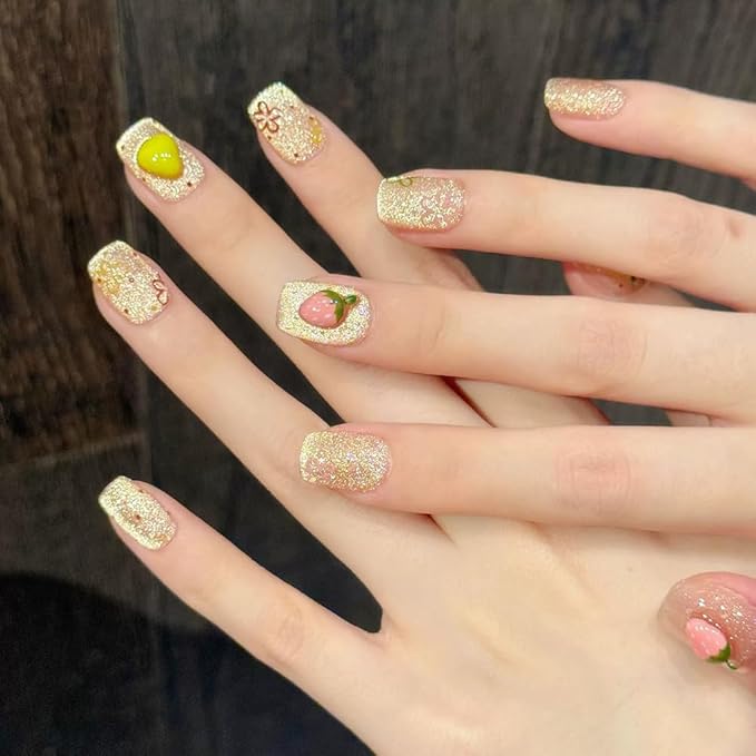 Handmade Press on Nails Square Short Fake Nails Cat's Eye with 3D Strawberry Pineapple Designs Gold Glitter Cute Acrylic Nails for Women 10pcs (Size M）