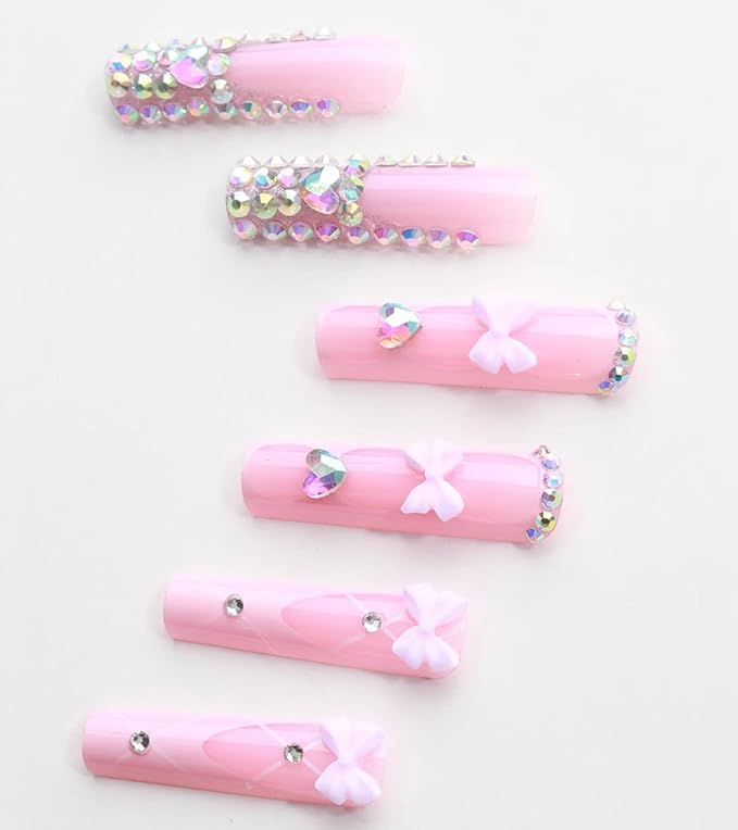 Press on Nails Square - Extra Long Fake Nails with 3D Rhinestones and Bows, Pink French Tips Cute False Nail, Stick On Nails for Women, 12 Sizes - 24 Nail Kit, Candy Ballet