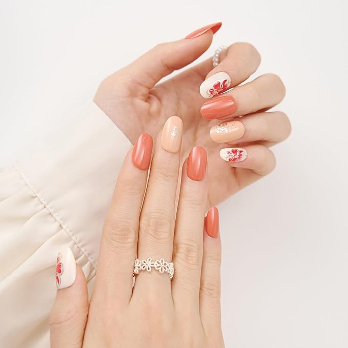 short round press on nails orange - floral acrylic fake nails salon quality reusable tips for women, perfect DIY manicure at home, 24 Nails in 12 Sizes