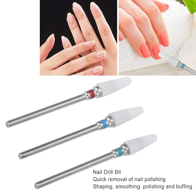Nail Drill Bits Sets, 3pcs 3/32 Inch Conical Head Ceramic Nail Drill Bit Set Gel Removal Nail Polishing Grinding Bit Accessory Acrylic Nails Polish Cuticles for Home Salon Nail Manicure Pedicure