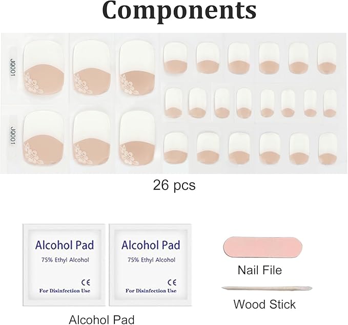 26 Pcs Semi Cured Gel Toe Nail Strips White Flower Gel Nail Stickers Full Cover Nails Wraps Nude French Toe Nails Polish Strips Stickers for Women UV/LED Light Required