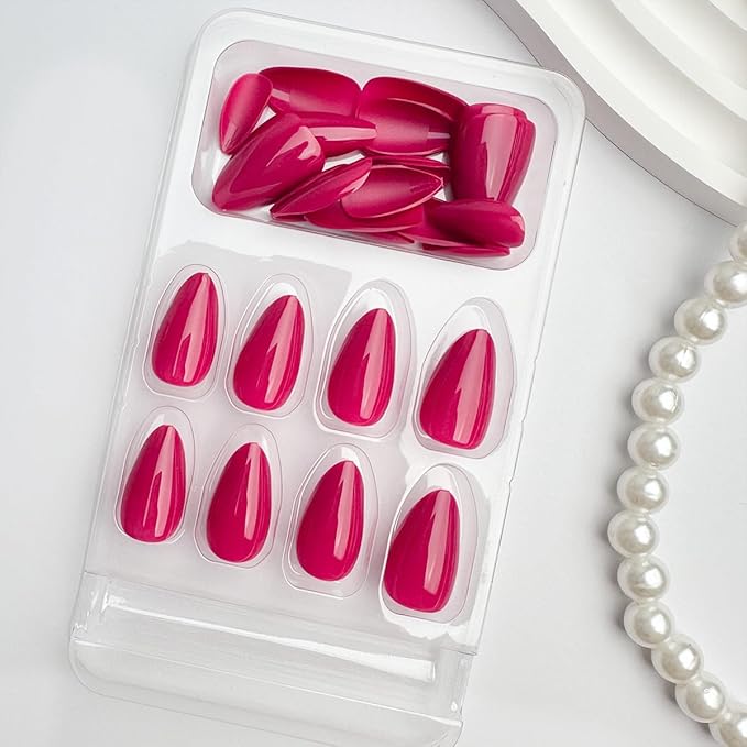 Red Press on Nails Short Almond Fake Nails Hot Pink False Nails Acrylic Glue on Nails Press ons Cute Artificial Stick on Nails for Women Decorations 24 Pcs