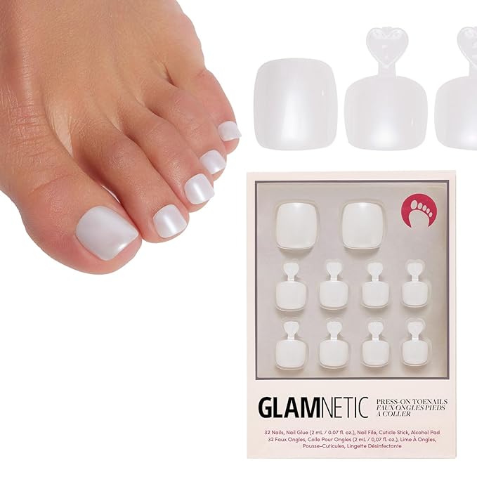 Glamnetic Press On Toenails - Hailey | Soft Pearl White Fake Toe Nails with a Glossy Finish | 16 Sizes - 32 Toe Nail Kit with Glue