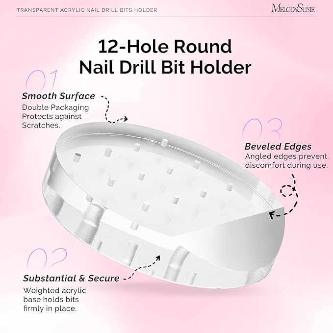 MelodySusie Nail Drill Bits Holder with 12 Holes, Visible Sturdy and Compatible with 3/32" Drill Bit Organizer and Storage for Salon & Home, Round（not include bits）