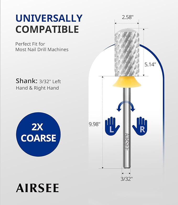 AIRSEE Tungsten Carbide Acrylic Nail Drill Bit Efile Electric File Machine Head Tip for Manicure Polishing Art Remove Gel 3/32" 2 Way Beginner Safety Round Top Cylinder Barrel 2X Coarse-2XC