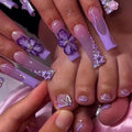 48Pcs Square Press on Nails Long & Press on Toenails Set, Purple Flowers Fake Nails Short Press on Toe Nails with 3D Flower Star Charms French Acrylic Toenails Kit for Women Manicure