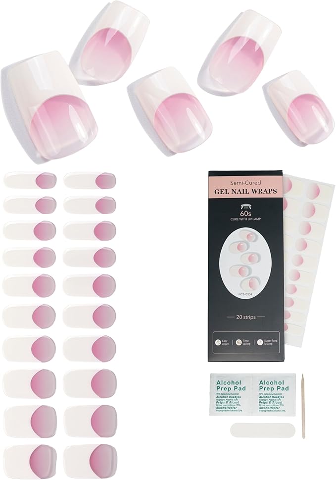 French-Inspired 20pcs Semi Cured Gel Nail Strips - Salon-Grade DIY Wraps with Glaze Texture, Easy Application, UV Light Required for Classic Nails