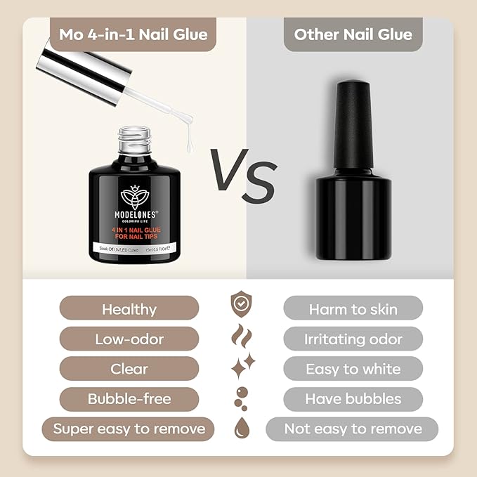 modelones Short Almond Nail Tips with 4 in 1 Nail Glue 15ml