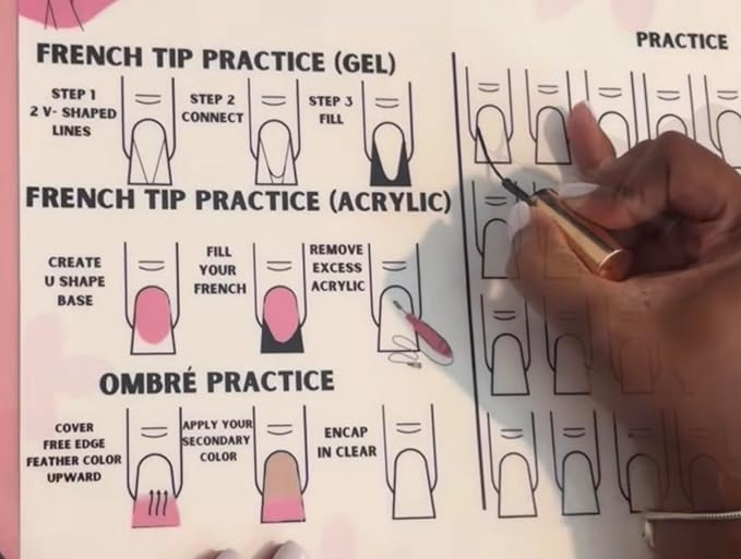 Gel & Acrylic Nail art Practice Sheet,Reusable Nail Art Training mat DIY Sticker Stencil Guide French Tip stiletto Nail Sculpting 3D Nail Design Worksheet Nail Tech Practice Gel X acrylic nails (5)