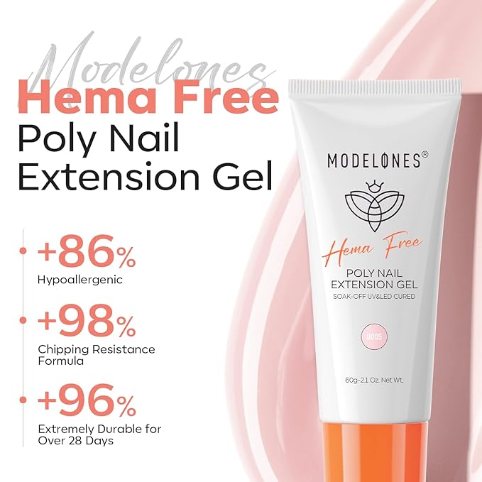 modelones Poly Nail Gel, Hema-Free 60ML Barely Pink Poly Extension Gel Nail Enhancement Thickening Sheer Pink Builder Overlays 3D Molding Home DIY Salon Use