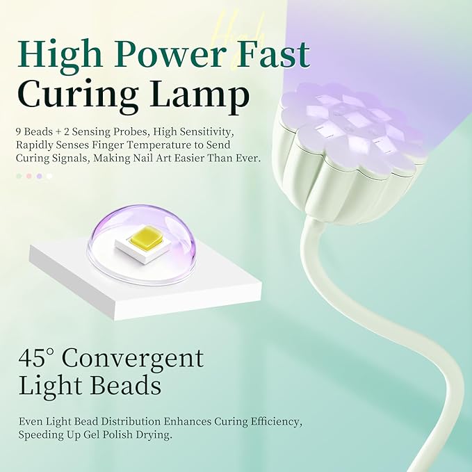 JODSONE Fast Curing U V Nail Lamp - Portable and Flexible Gooseneck Lamp with 360° Adjustable Design, Rechargeable LED Dryer for Gel Polish, Auto Sensor & 4 Timers, Home DIY Manicure Light Mint Green