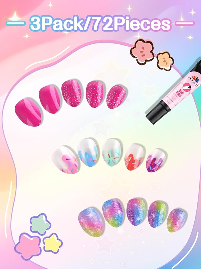 72 Pieces Press on Nails Girls, EBANKU 3 Pack Children False Nail Full Cover Short Acrylic Nails for Girls Kids Nail Art Decoration With Nail Glue