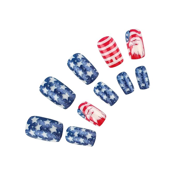 4th of July Press on Nails Medium Square America Flag Fake Nails Bald Eagle False Nails with Designs Full Cover Glossy Glue on Nails Acrylic Nails Manicure Artificial Nails for Women Girls 24Pcs