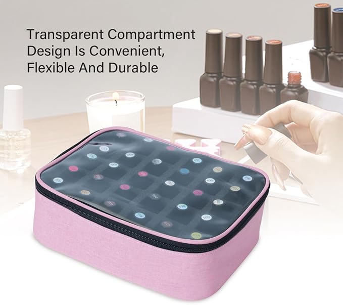 Small Clear Nail Polish Organizer Holds 30 bottles(15ml-0.5fl.oz) Nail Polish Case Multifunctional Nail Polish Bag organizer, Cosmetic Travel Makeup Cases for Women Pink