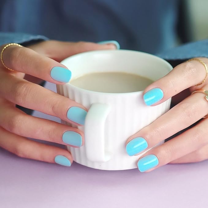 LAMIMOSA 32Pcs Mint Blue Press On Nails Extra Short Round, Baby Blue Fake Nails with Glue, Soft Gel Nails in 16 Sizes, Reusable Glue On Nails Kit, MINTY AQUA