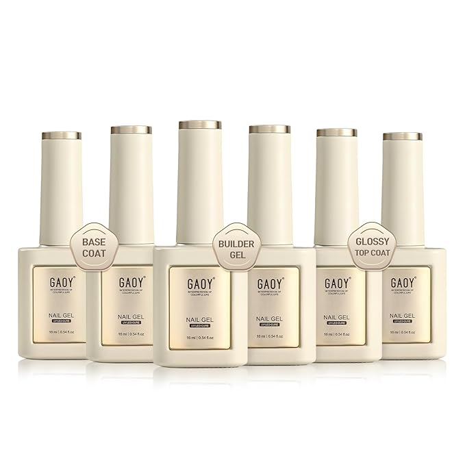 GAOY Gel Top Coat, Builder Gel and Base Coat Set, 6 Pcs 16ml Clear Glossy No Wipe Combination for Long Lasting UV Light Cure Nail Art DIY